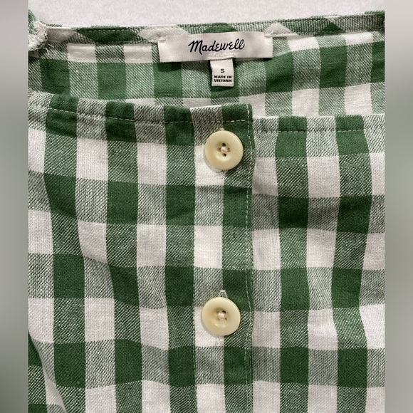 Madewell Linen-Cotton Gingham Puff Sleeve Top Green White Square Neck Blouse S - Picture 5 of 14